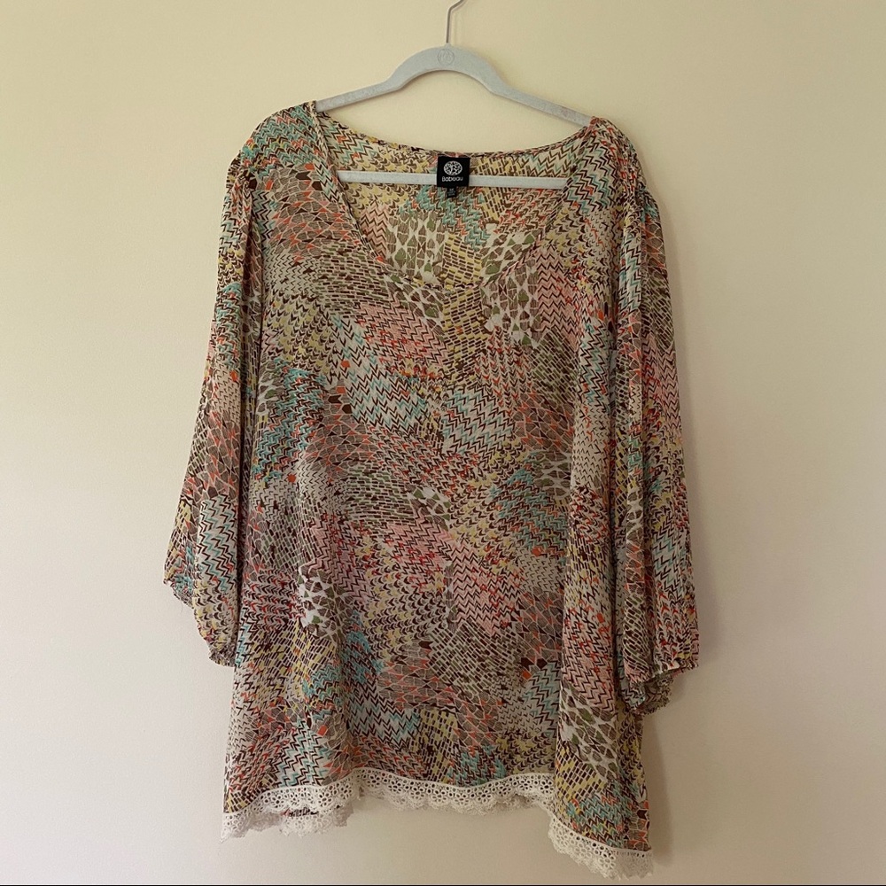 Bobeau Sheer Top with Crochet Detail Plus Size 3X